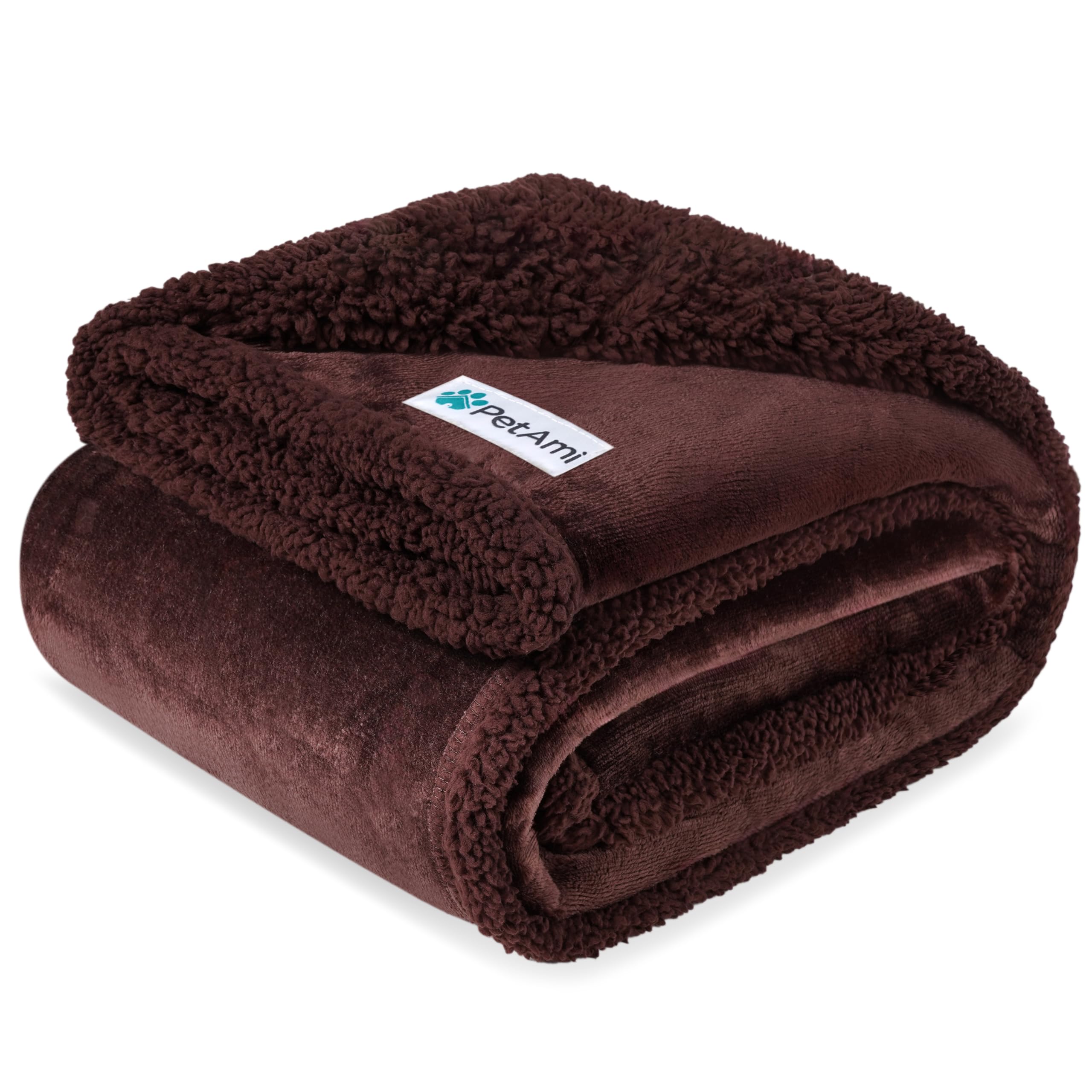 PetAmi waterproof dog blanket shown from the front in brown sherpa.