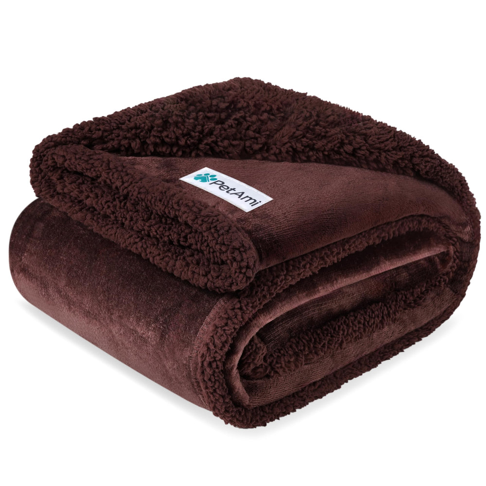 PetAmi waterproof dog blanket shown from the front in brown sherpa.