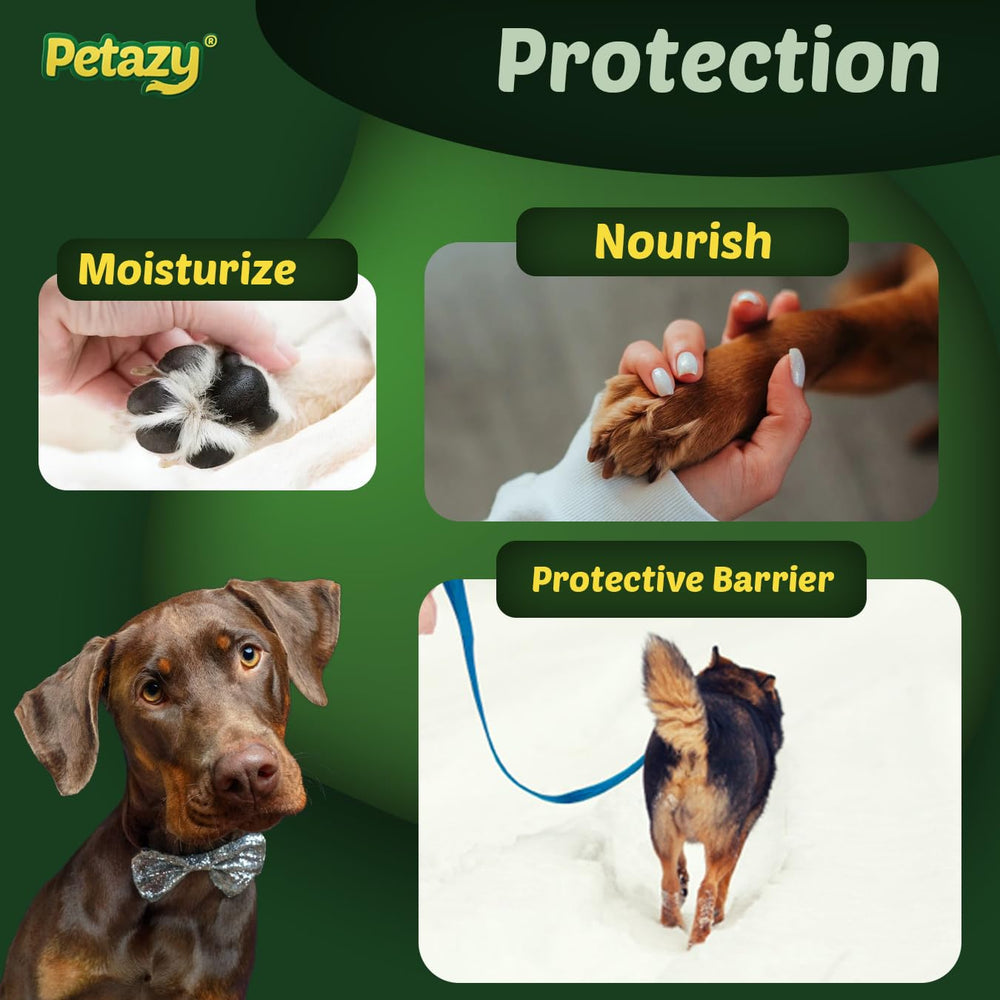 Petazy Frost Guard dog paw balm highlighting coconut oil, shea butter, and vitamin E.