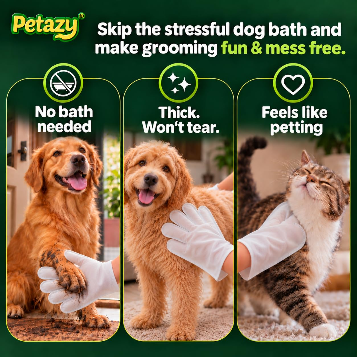 Petazy Pet Glove Wipes formula details featuring the plant-based ingredients.