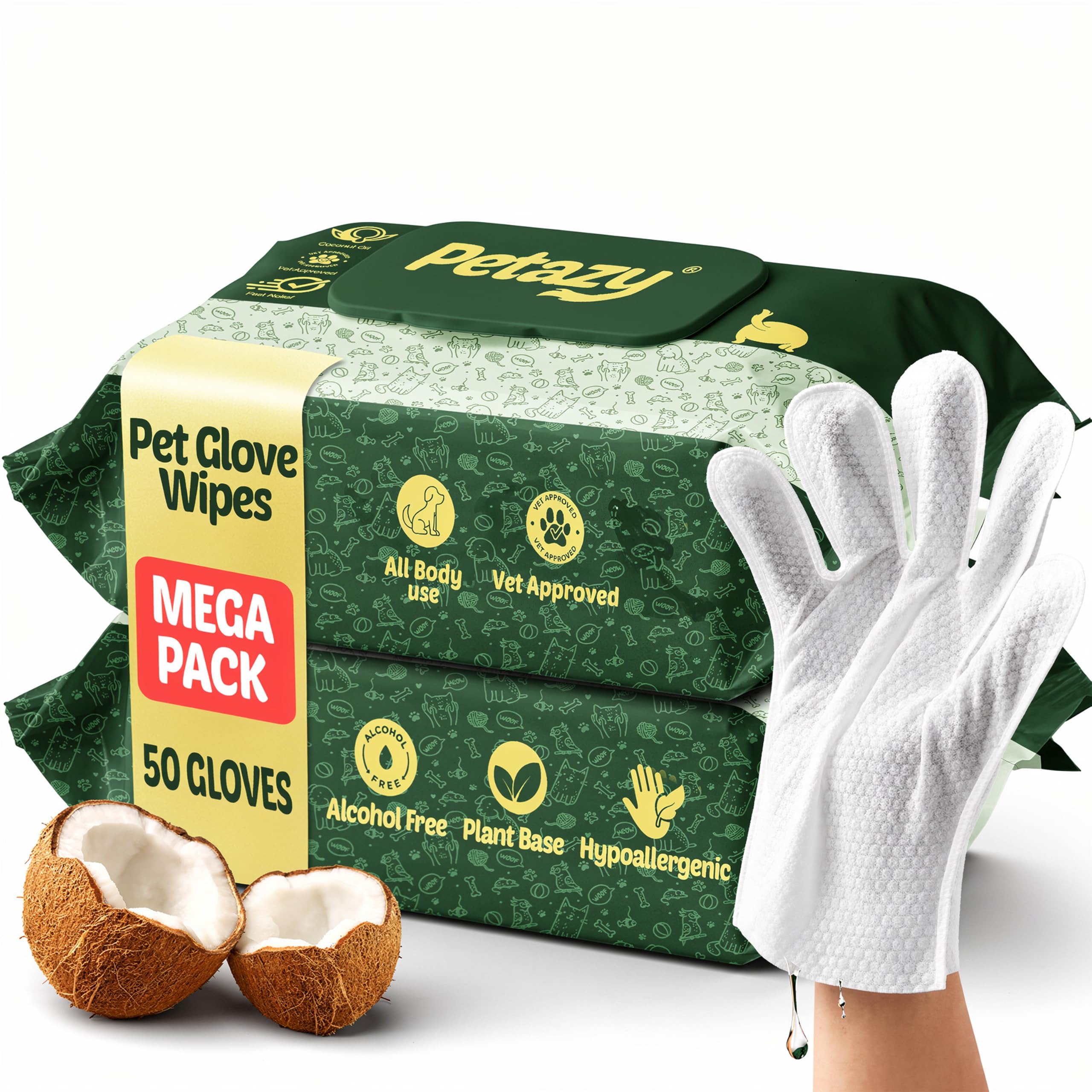 Petazy Pet Glove Wipes front pack view showing the dog and cat grooming wipes.