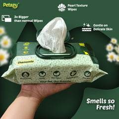 Petazy Pet Wipes being used to clean a dog's paw.