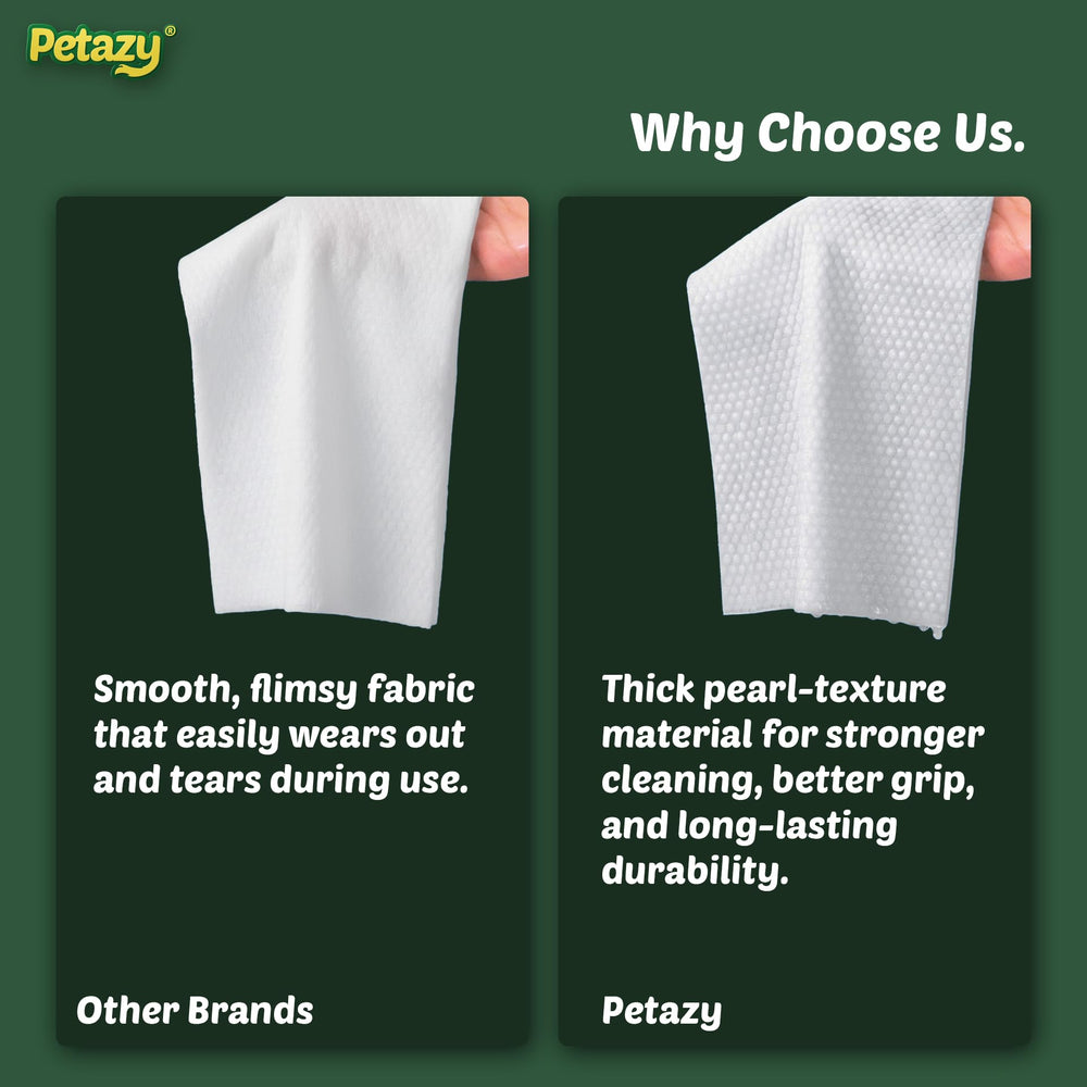 A Petazy grooming glove wipe shown for controlled pet cleaning.