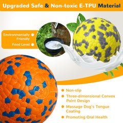Blue and yellow Petcare dog balls shown side by side.