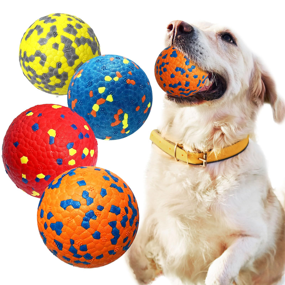 Petcare dog balls shown together as a four-ball set.