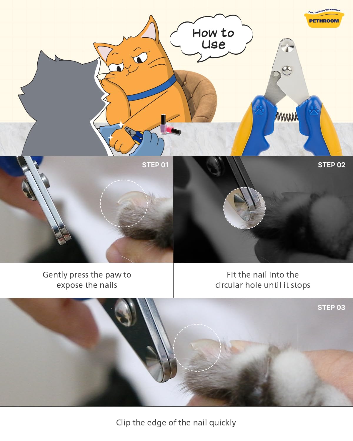 PETHROOM cat nail clipper shown during a kitten nail trim.