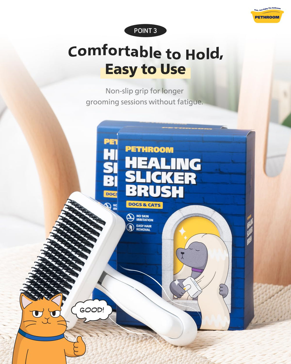 PETHROOM Self-Cleaning Slicker Brush being used to groom a cat.