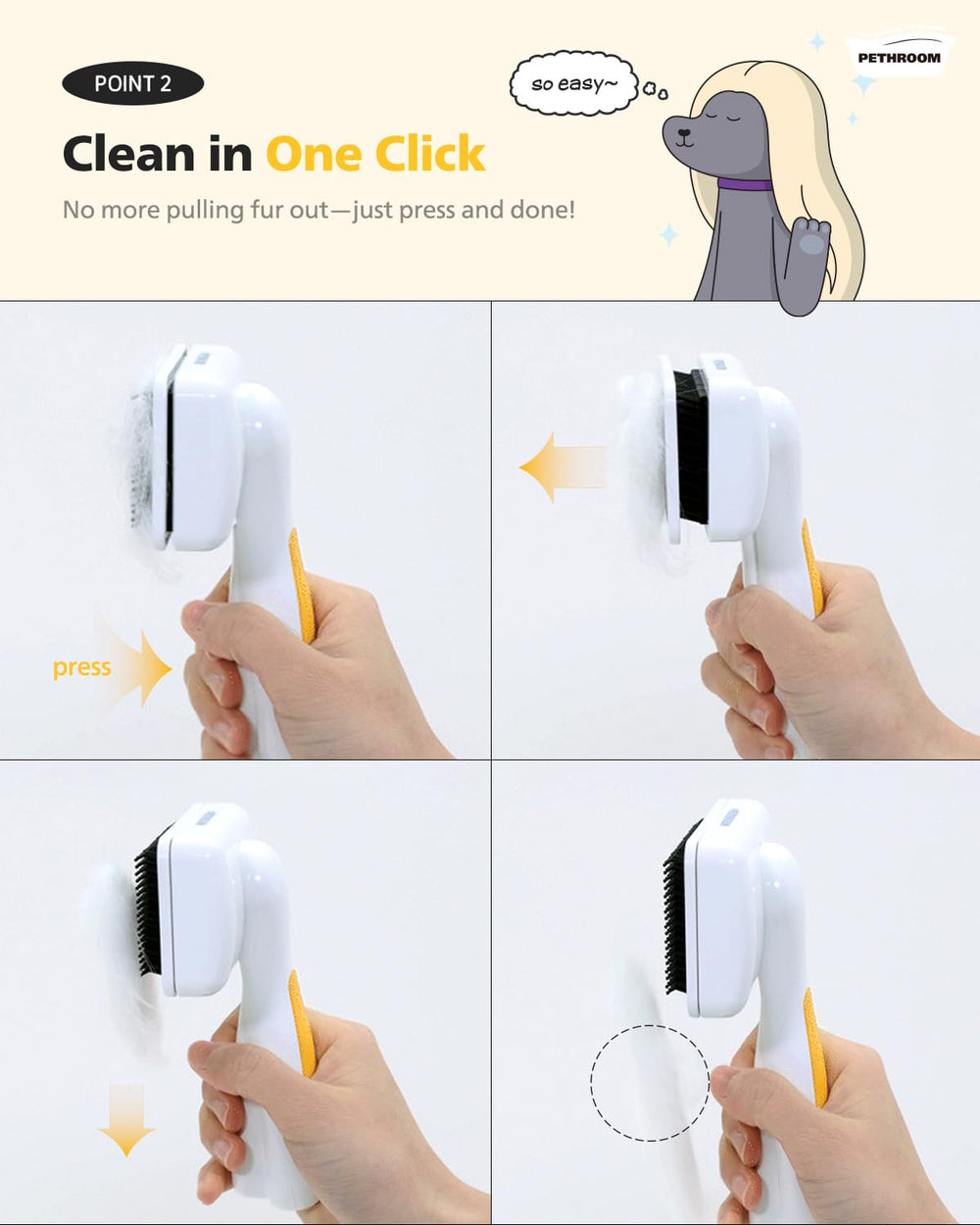 PETHROOM Self-Cleaning Slicker Brush being used to groom a dog.