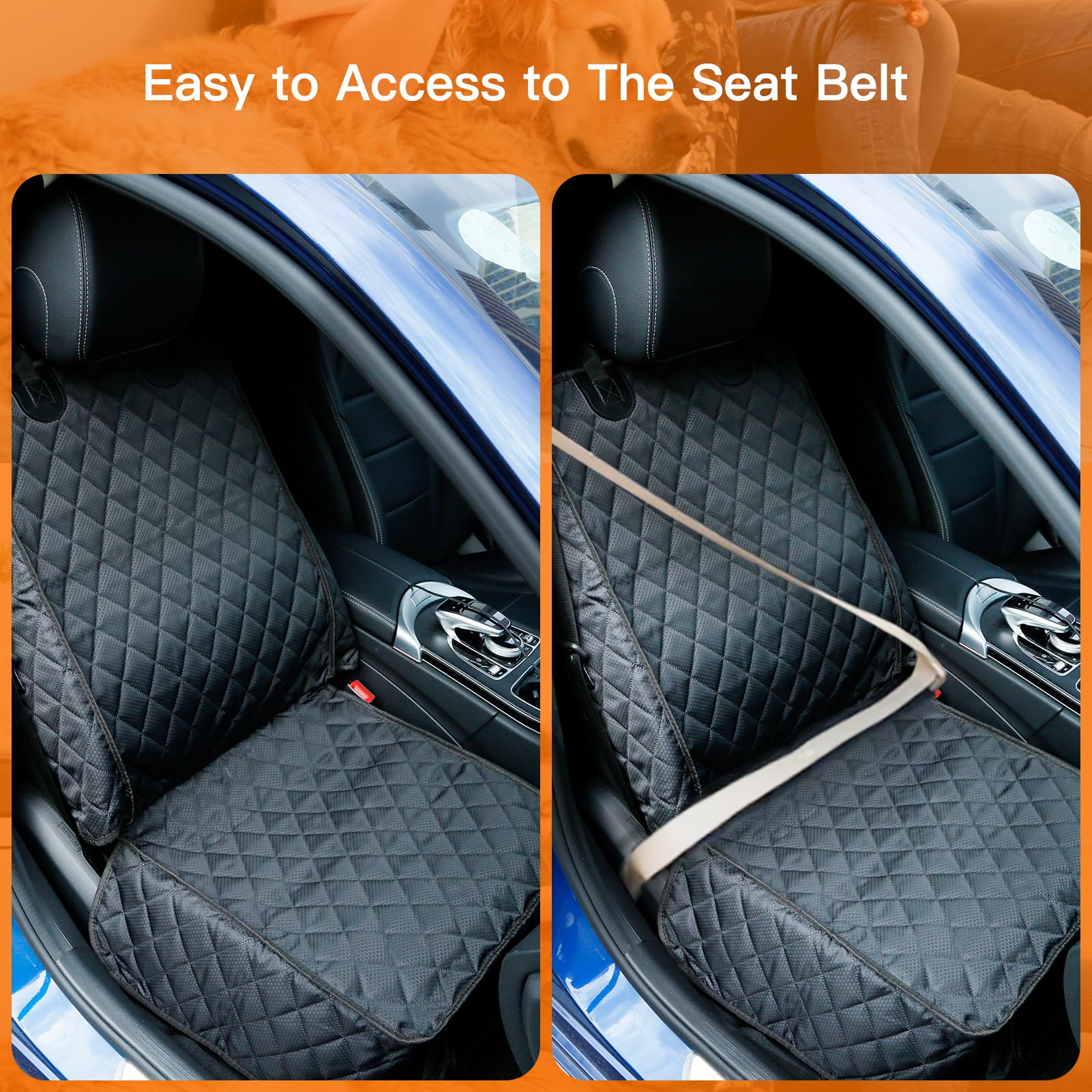 PETICON front seat car cover quick-release buckle detail.