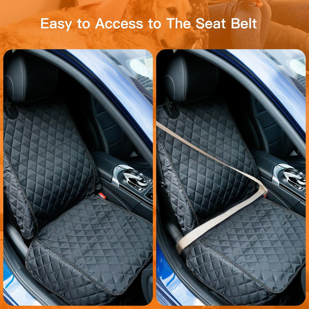 PETICON front seat car cover quick-release buckle detail.