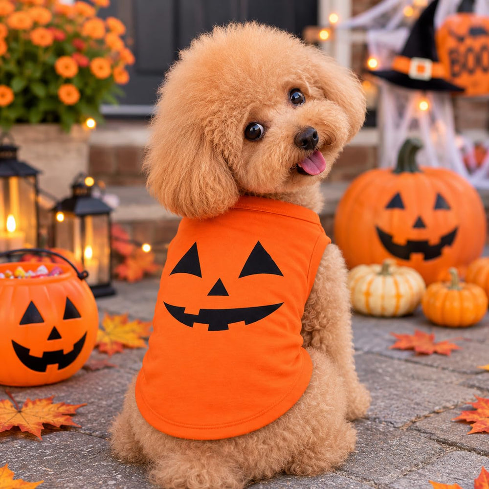Petitebella Pumpkin Face Puppy Dog Shirt shown in a close view of the cotton fabric.