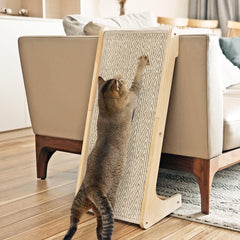 PETKARAY cat scratcher shown from the front with its L-shaped ramp design.