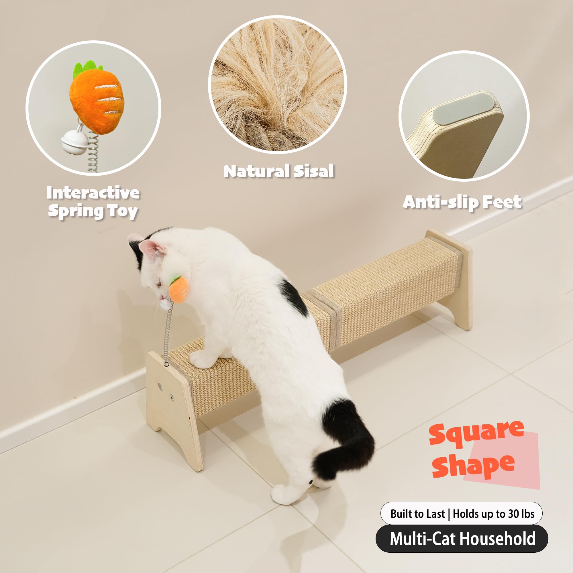 PETKARAY Horizontal Scratching Post featuring its carrot spring toy and bell.