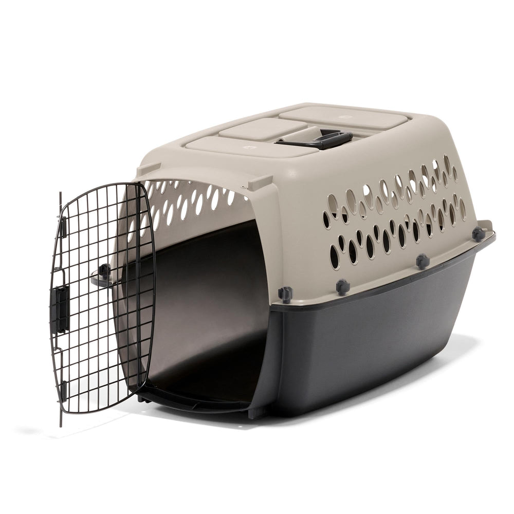 Petmate Vari Dog Kennel in taupe and black shown from the front.