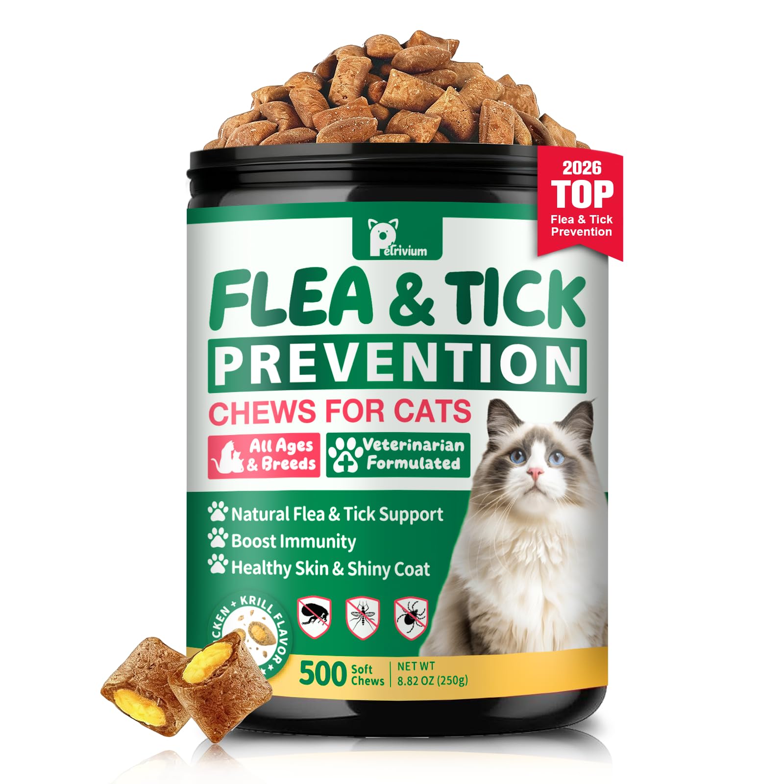 Petrivium Flea and Tick Chewable for Cats shown from the front.