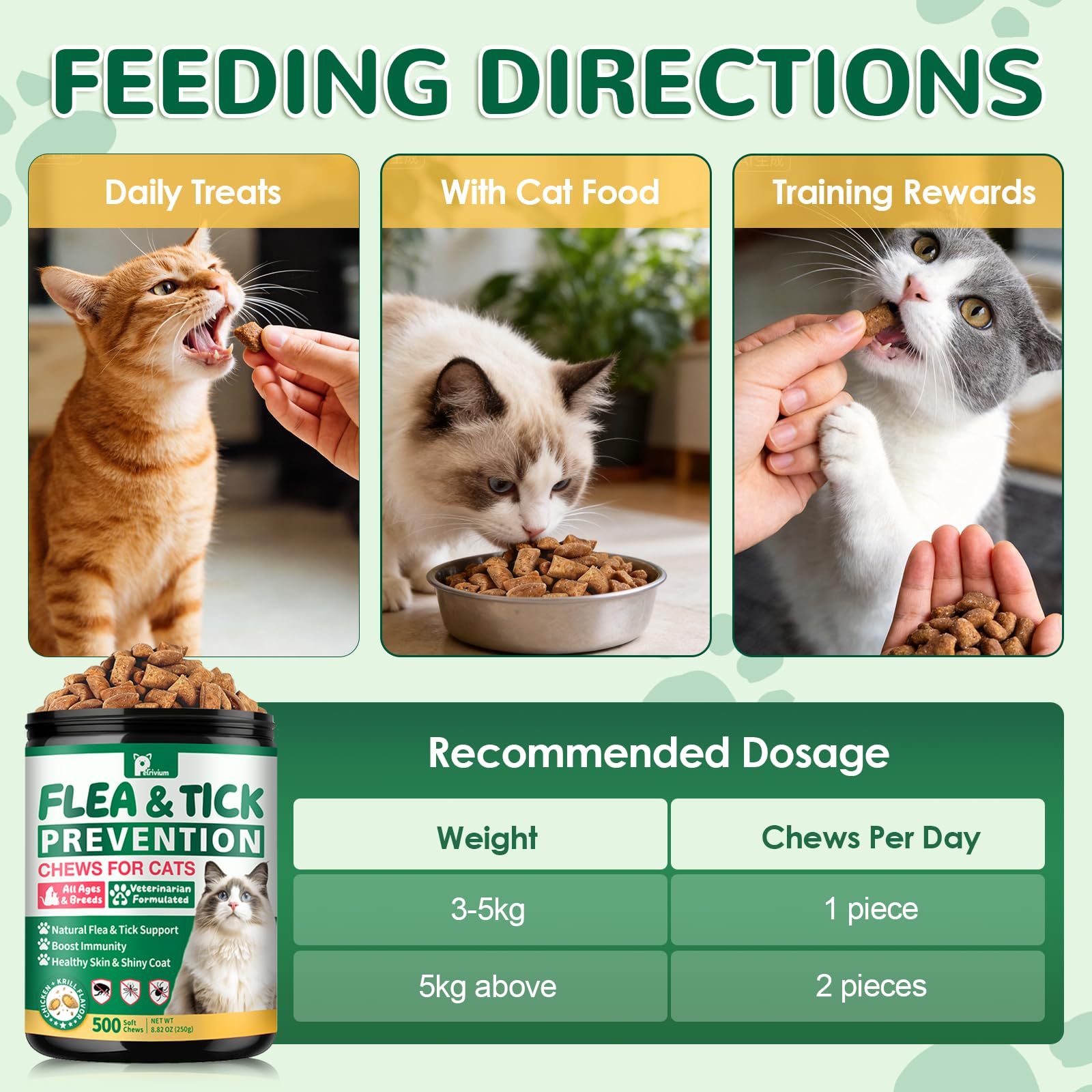 Petrivium Flea and Tick Chewable for Cats in krill and chicken flavors.