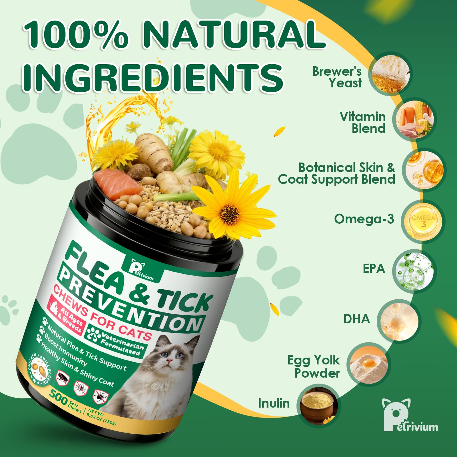 Petrivium Flea and Tick Chewable for Cats for skin and coat support.