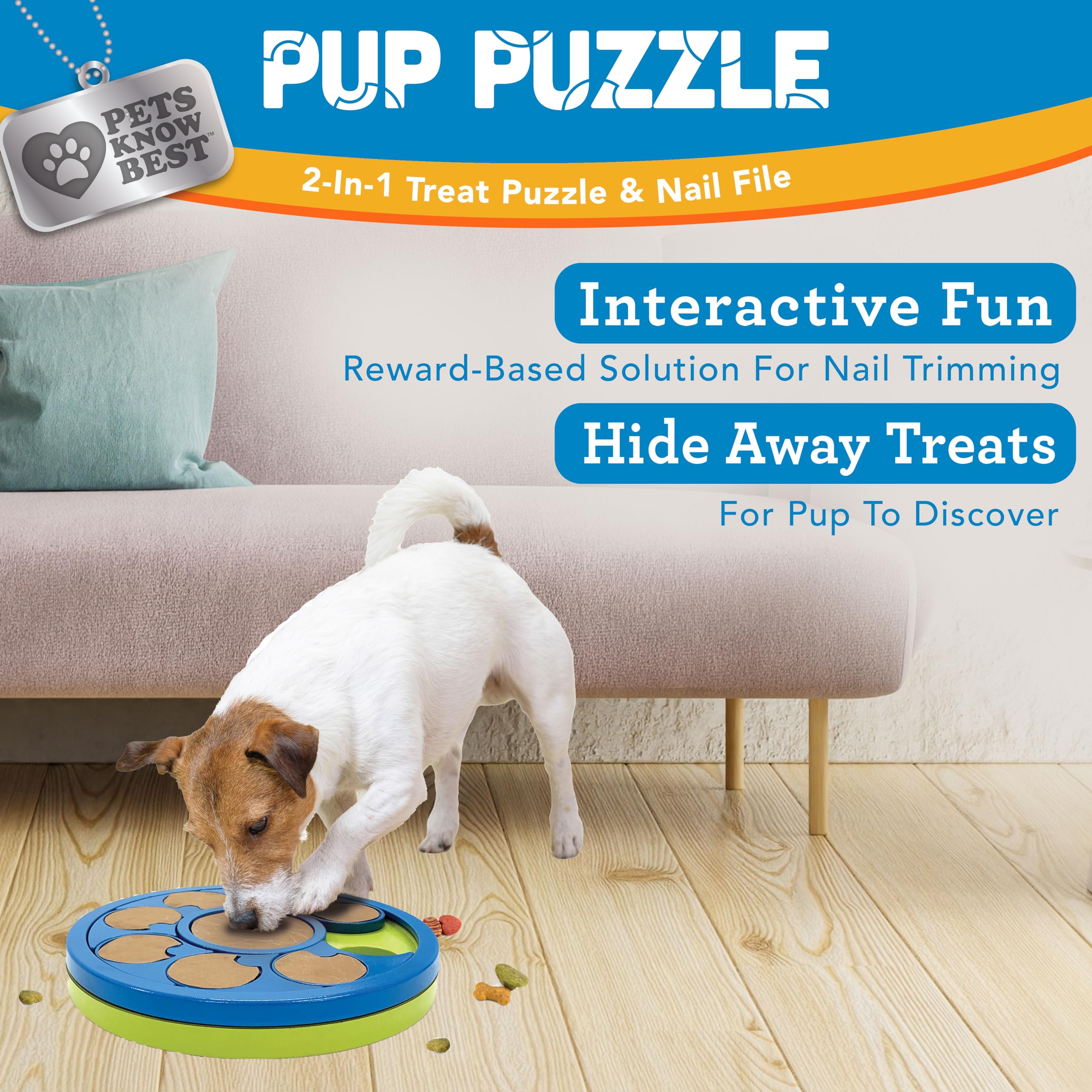 Pets Know Best Pup Puzzle dog nail file toy being explored by a dog.