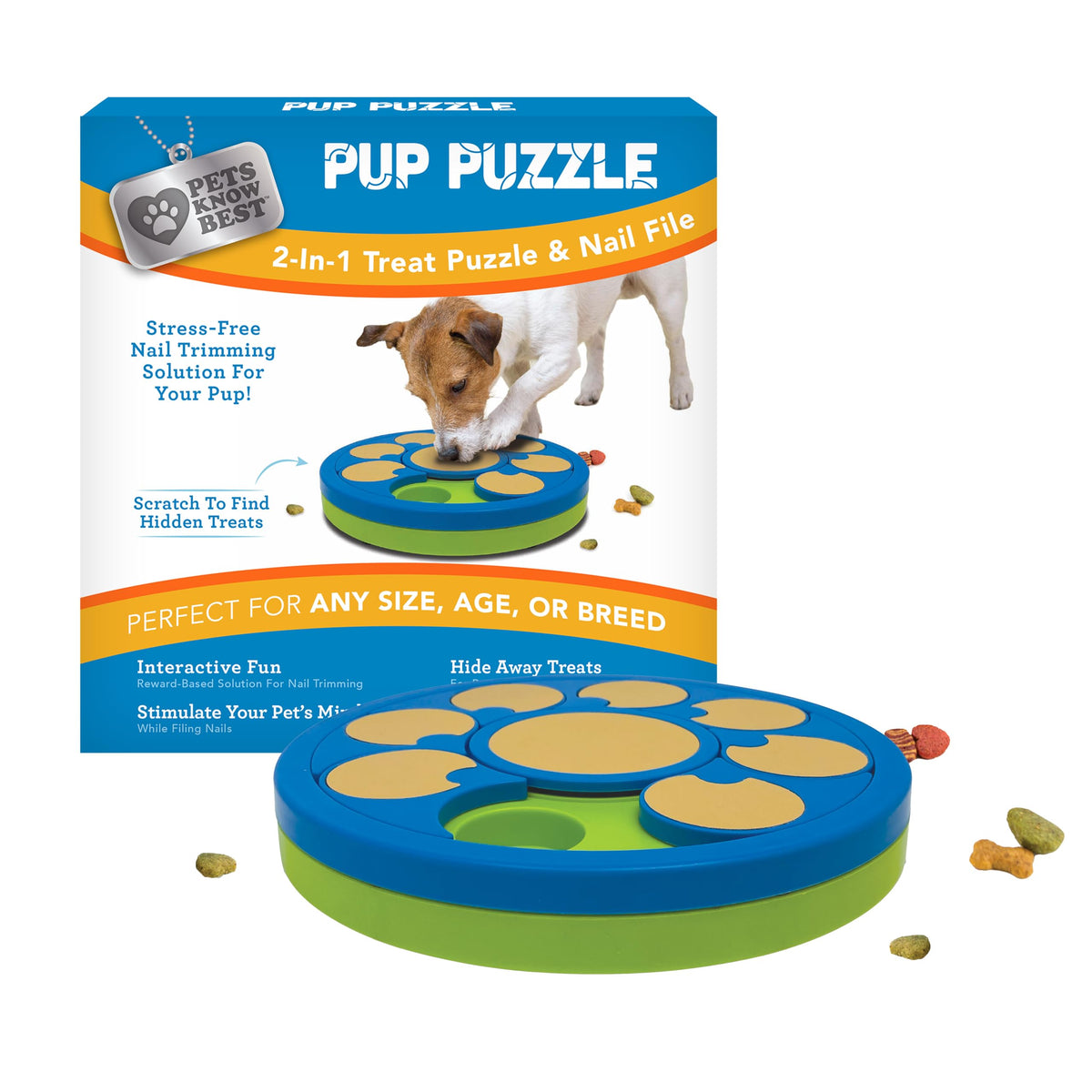 Pets Know Best Pup Puzzle dog nail file toy shown from the front.