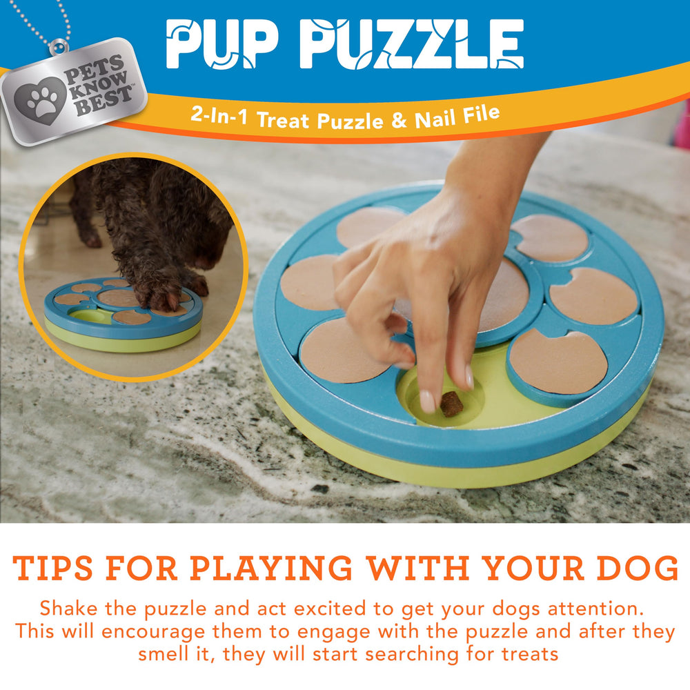 Pets Know Best Pup Puzzle dog nail file shown as a paw-care play toy.