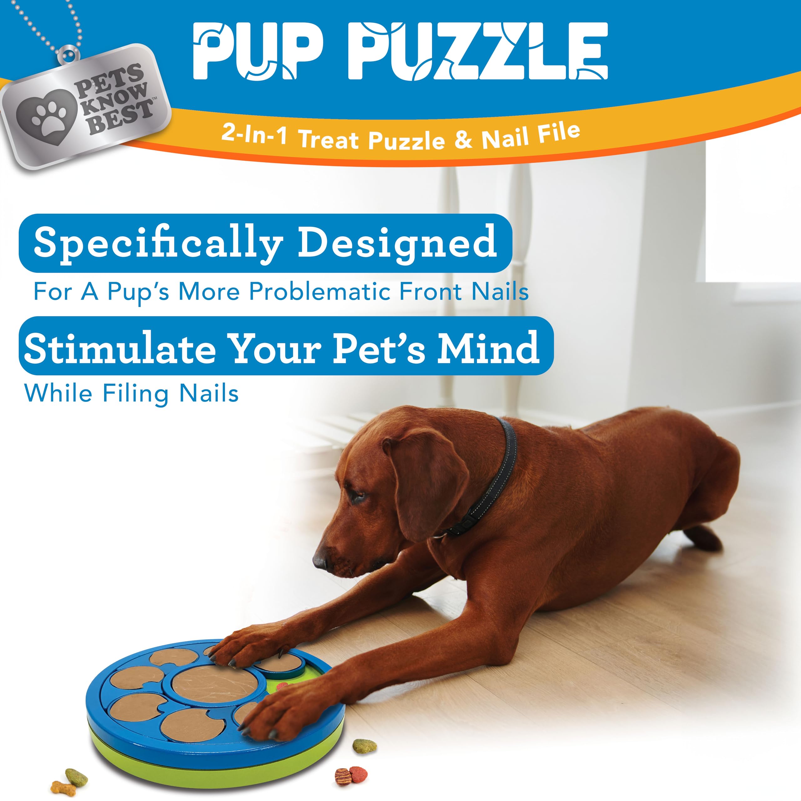 Pets Know Best Pup Puzzle dog nail file shown with its treat-search puzzle area.