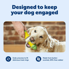PetSafe Busy Buddy Cravin Corncob dog toy shown with an end unscrewed.