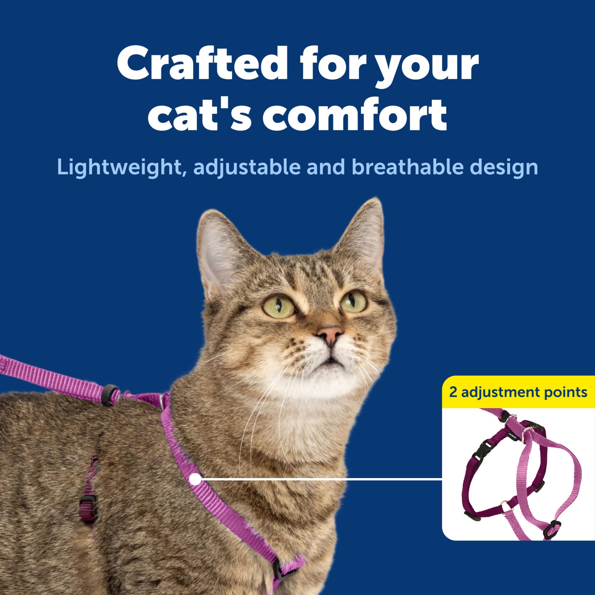 PetSafe Come With Me Kitty Harness adjustment points shown in detail.