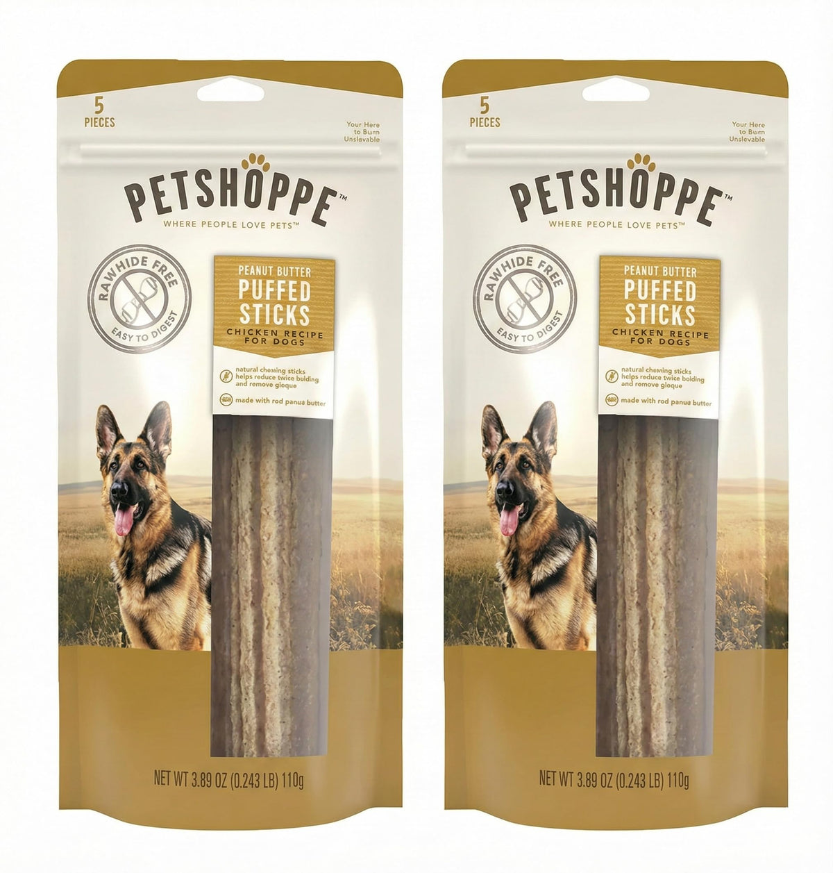 PetShoppe Peanut Butter Puffed Strips chicken dog treats shown from the front.