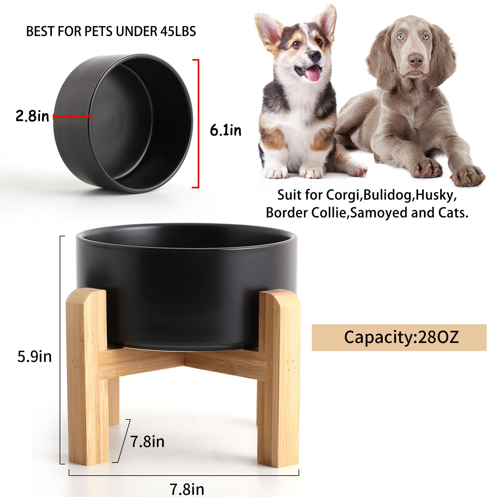 Petygooing dog bowl with the bamboo stand shown in its height-adjusting positions.