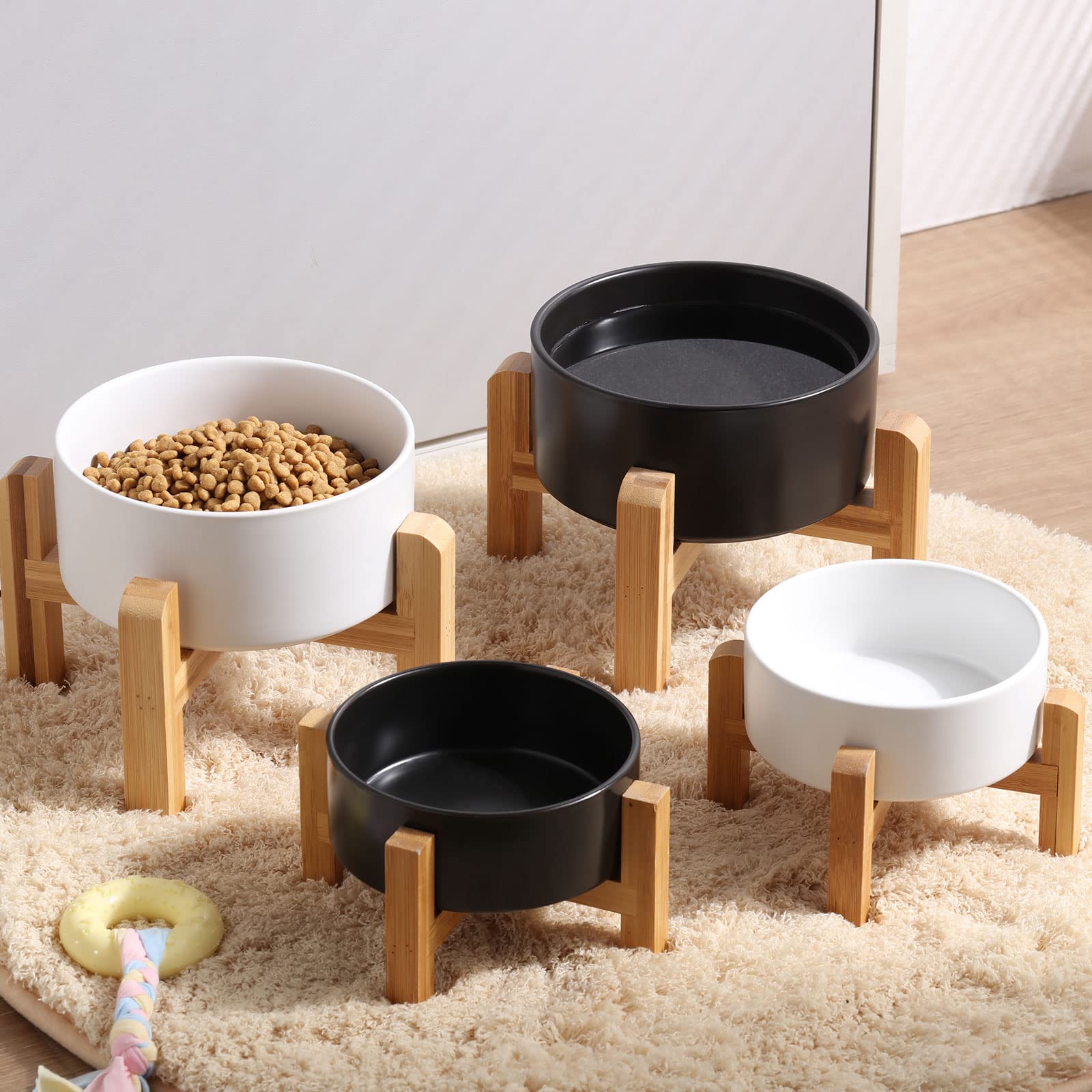 Petygooing ceramic dog bowl and bamboo stand styled in a home setting.
