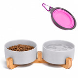 Petygooing ceramic pet bowl set shown from the front with two grey bowls and a wood stand.