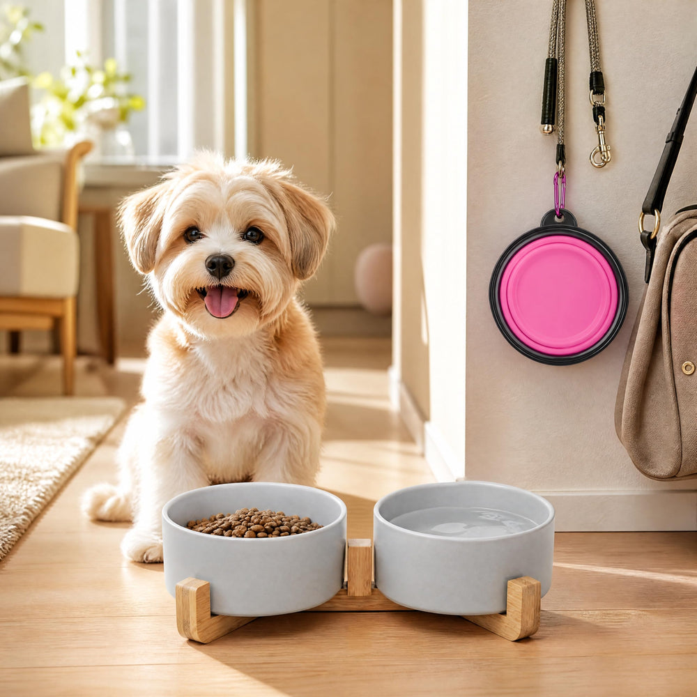 Petygooing ceramic bowls arranged for separate food and water servings.