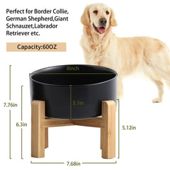 Petygooing ceramic dog bowl shown with its bamboo wood stand and non-slip base.