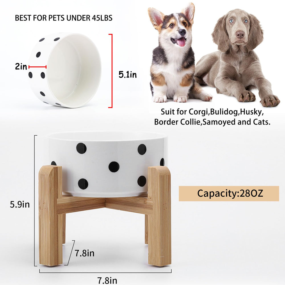 Petygooing ceramic pet bowl displayed with its bamboo stand and anti-slip base.