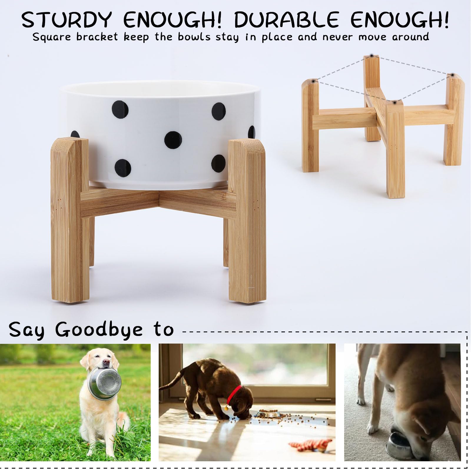 Petygooing ceramic pet bowl with the reversible bamboo stand shown from another angle.