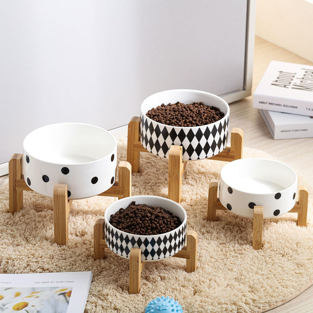 Petygooing ceramic pet bowl viewed from the side to show its raised design.
