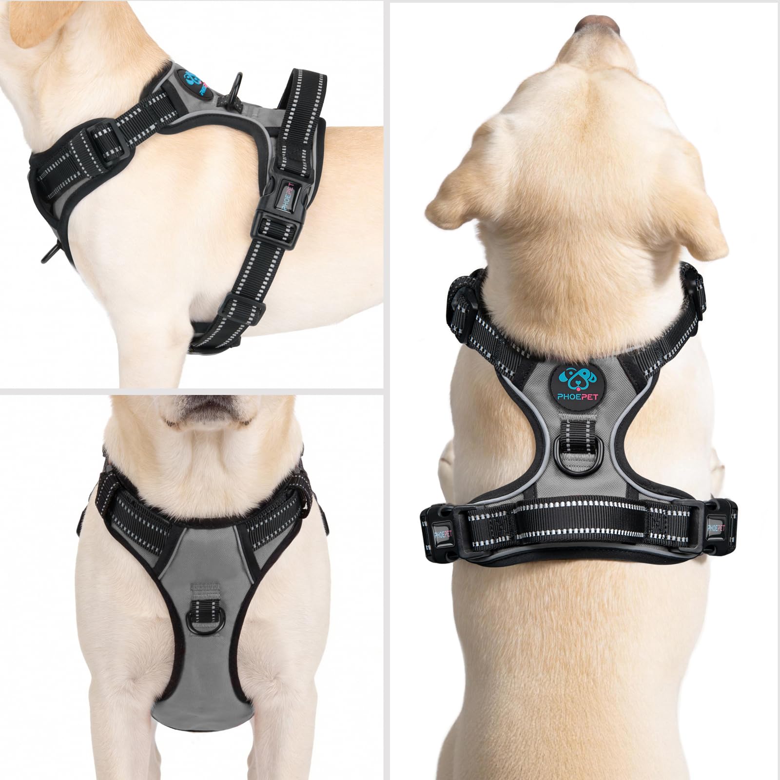 PHOEPET dog harness shown from the back in grey.