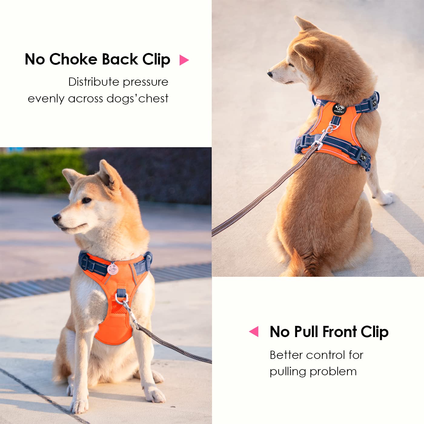 PHOEPET dog harness close-up showing the breathable mesh lining and padding.