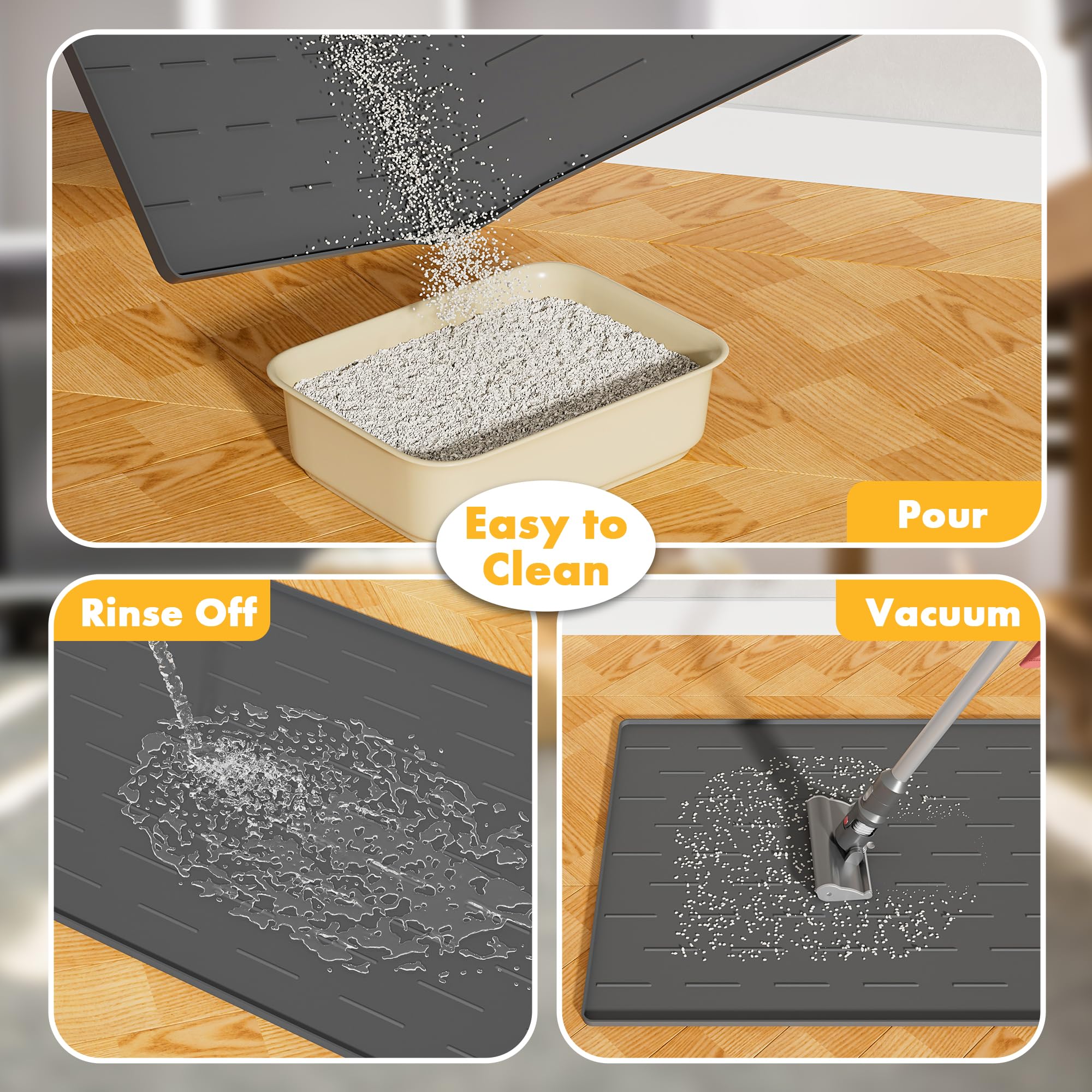 Pieviev Extra Large Silicone Litter Box Mat positioned beneath a cat litter box.