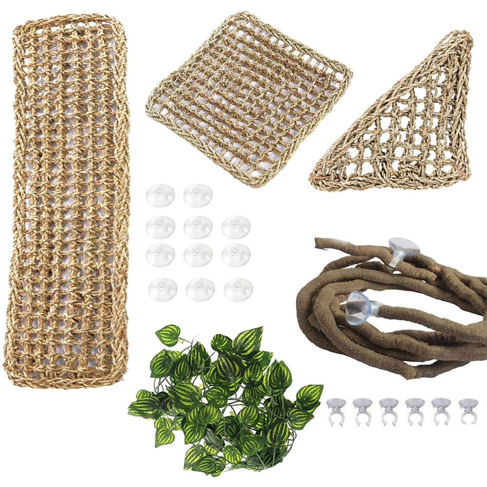 PINVNBY bearded dragon hammock set showing the hammocks, vine, leaves and suction cups.