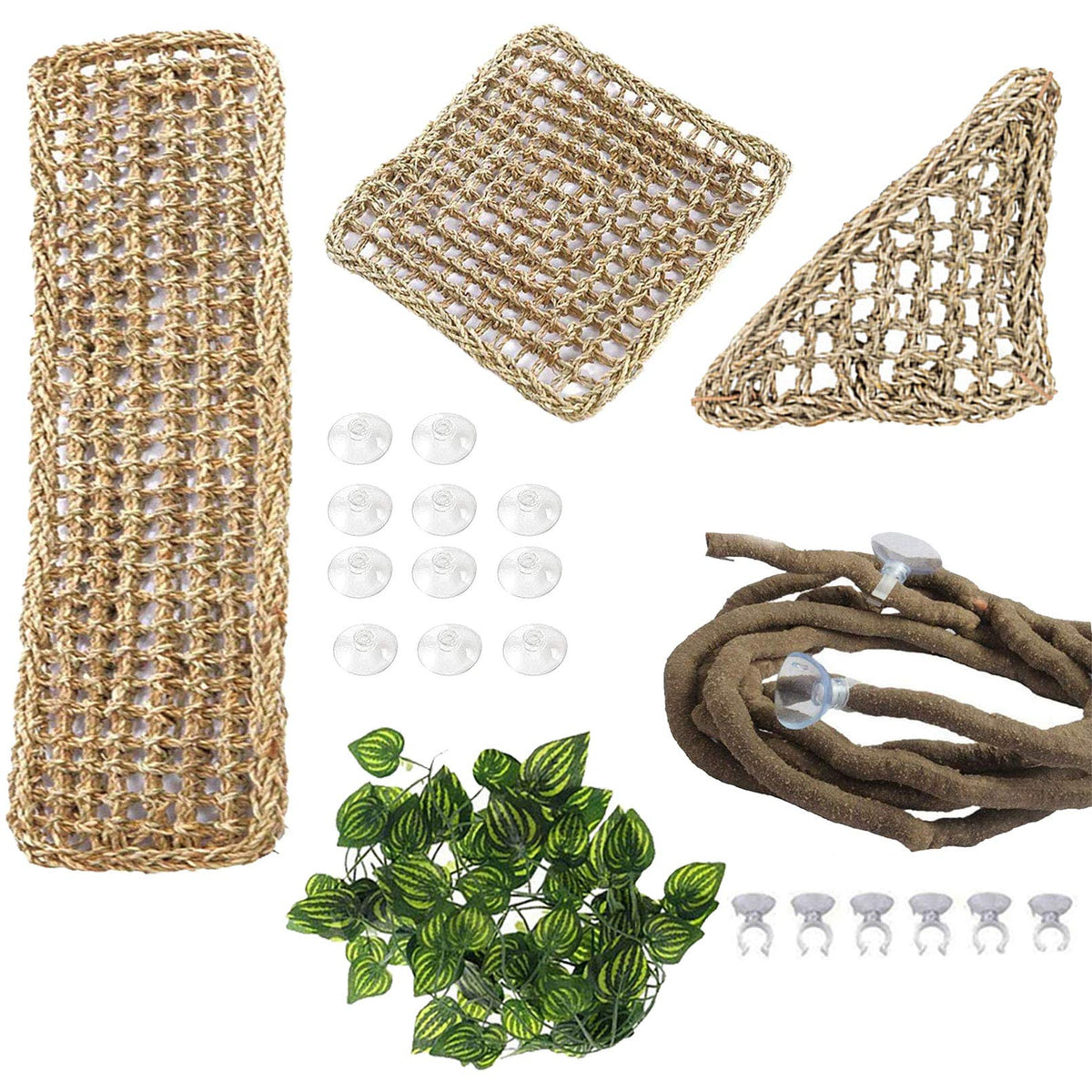 PINVNBY bearded dragon hammock set showing the hammocks, vine, leaves and suction cups.