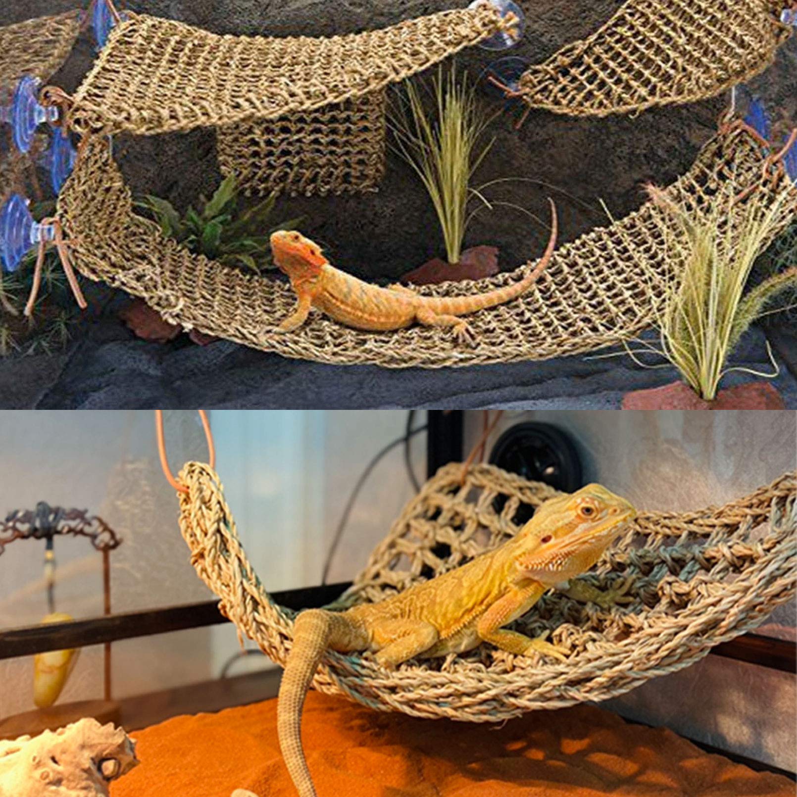 PINVNBY bearded dragon hammock in a square shape made from seagrass fiber.
