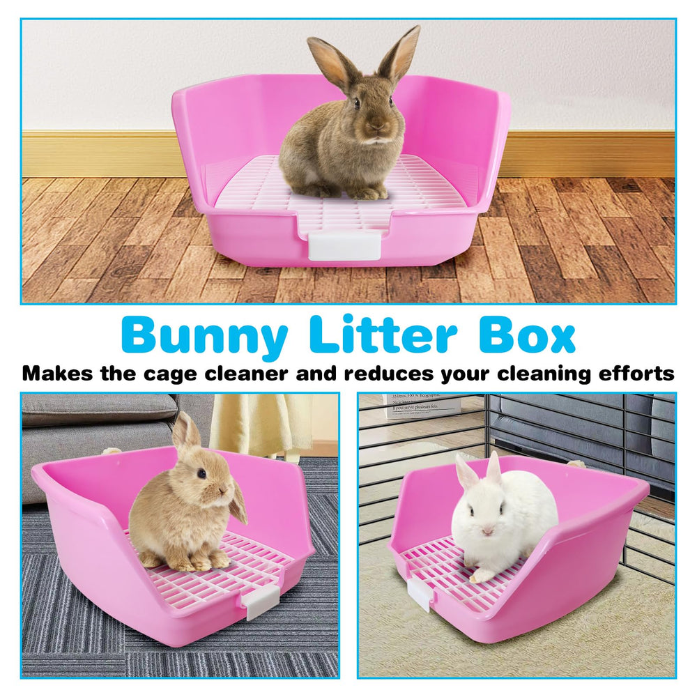 PINVNBY Rabbit Litter Box and bowls arranged as a cage setup.
