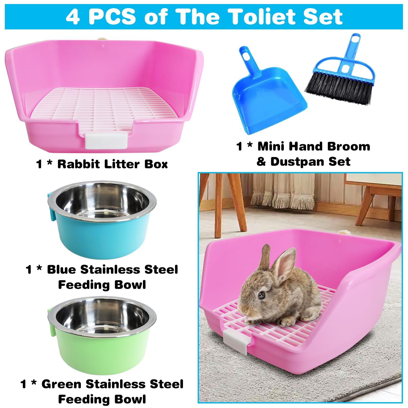 PINVNBY Rabbit Litter Box kit with the small broom and dustpan.