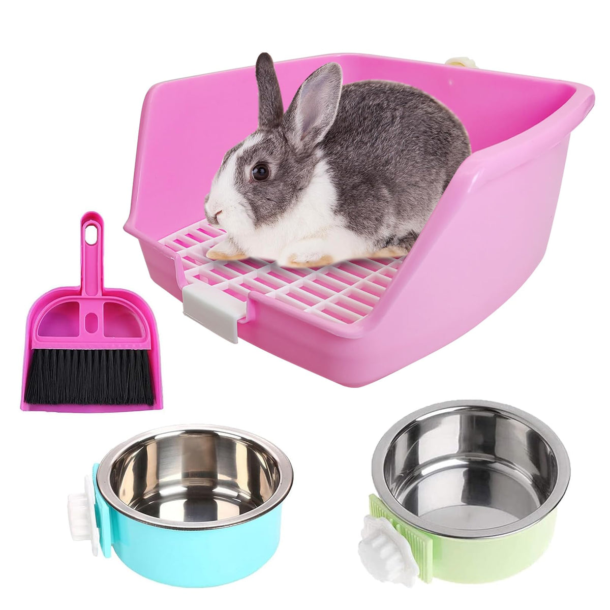 PINVNBY Rabbit Litter Box shown from the front with its corner tray and cage bowls.