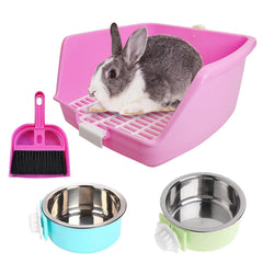 PINVNBY Rabbit Litter Box shown from the front with its corner tray and cage bowls.