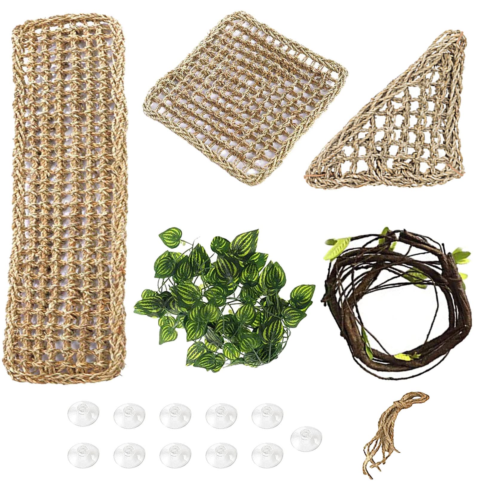 PINVNBY reptile hammock set showing the hammocks, flexible vine, leaves, and suction cups.