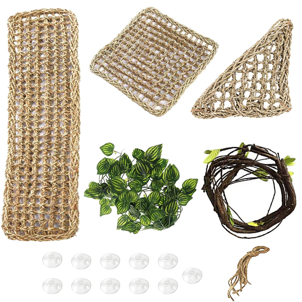 PINVNBY reptile hammock set showing the hammocks, flexible vine, leaves, and suction cups.