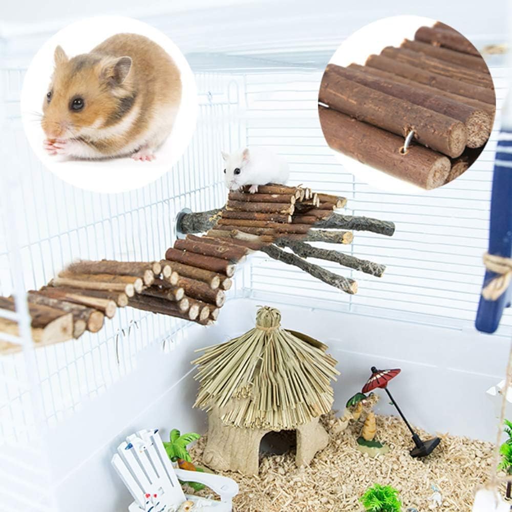 PINVNBY wooden hamster bridge shown as a climbing feature in a hamster habitat.