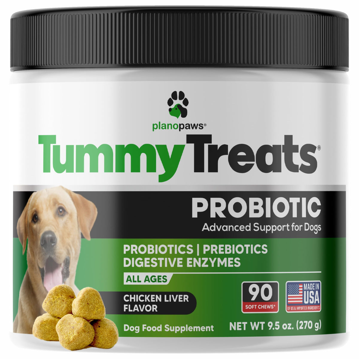 planopaws dog probiotic chews shown from the front in their jar.